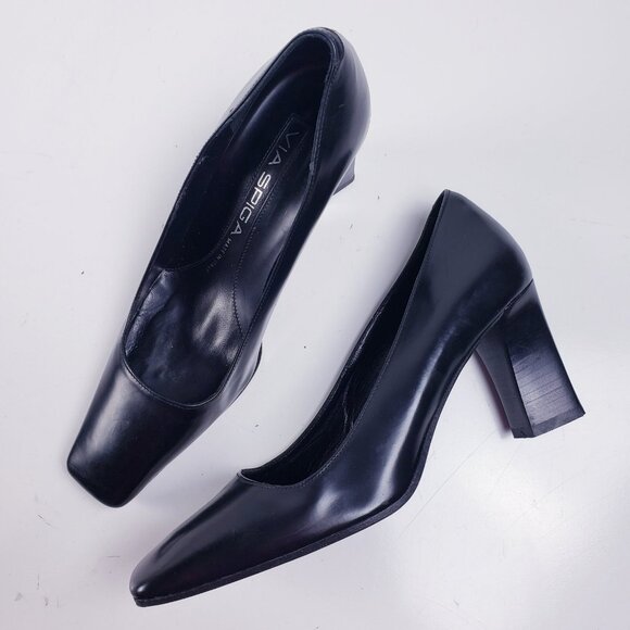 VTG Y2K Via Spiga Square Toe Chunky Heel Pump  Black Leather Womens Size 6 - Picture 1 of 10